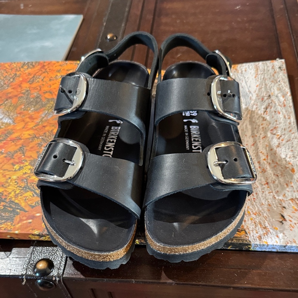 Birkenstock Milano Black Sandals with Silver Buckles. Worn 1 time. Size 39